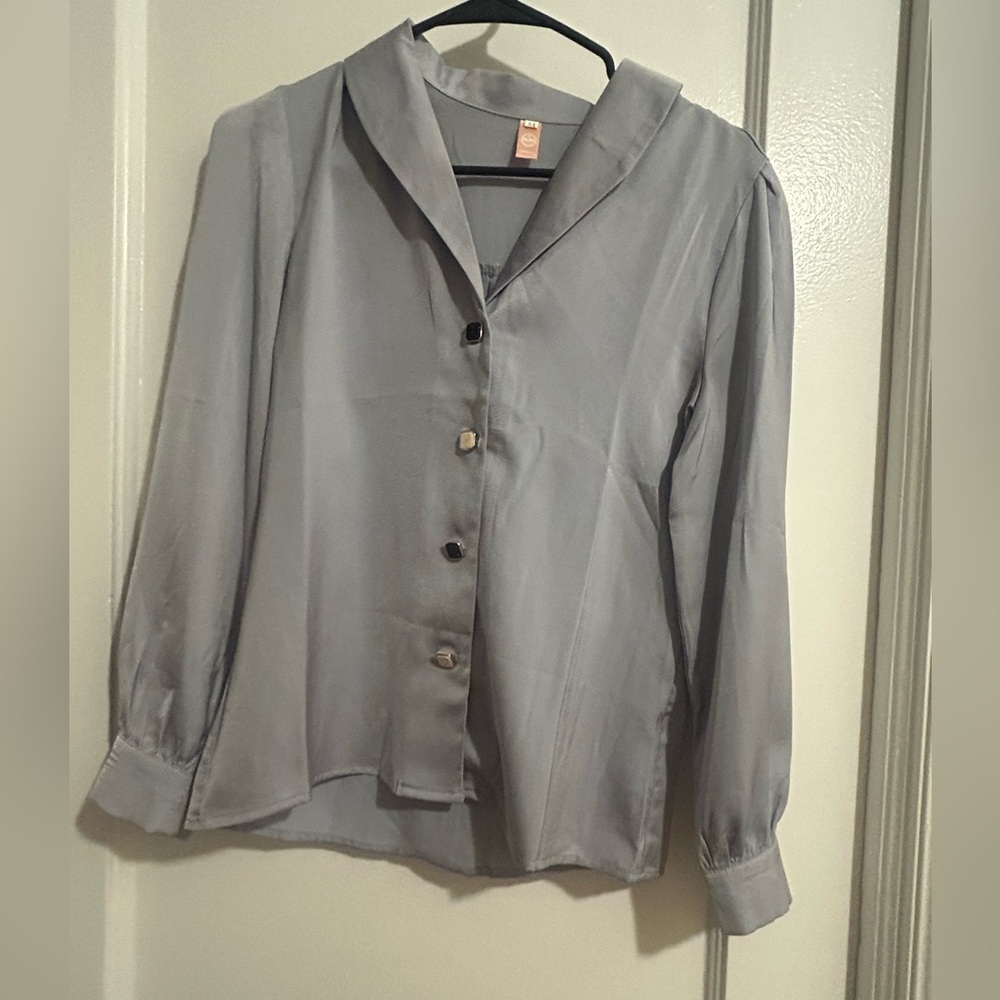 Silky Silver Button-Down Blouse With Unique Detai… - image 1